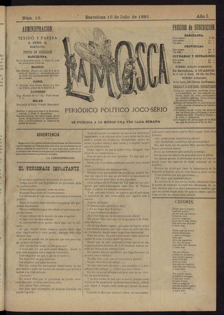 Miniatura de La Mosca : periódico joco-serio del 16 de julio de 1881, nº 16