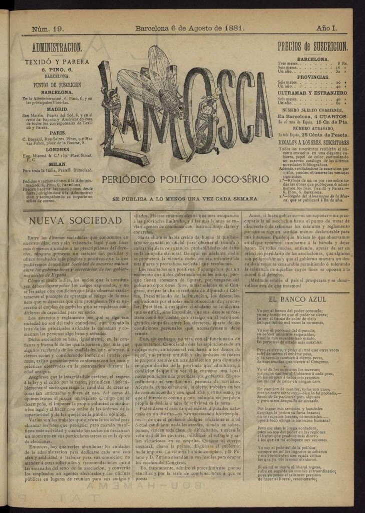 Miniatura de La Mosca : periódico joco-serio del 6 de agosto de 1881, nº 19