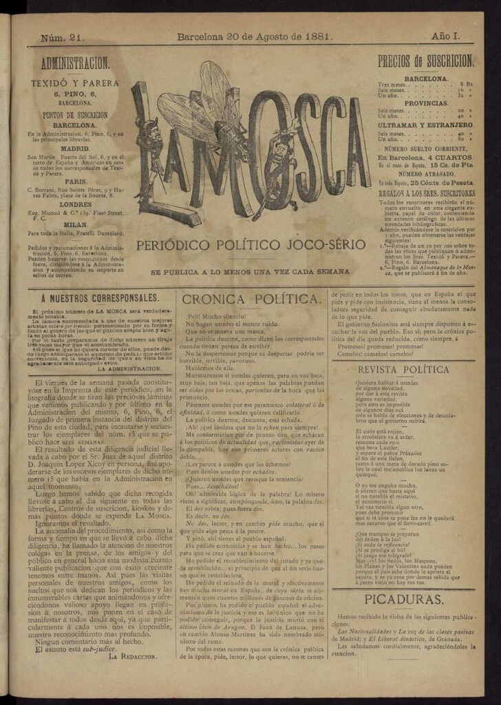 Miniatura de La Mosca : periódico joco-serio del 20 de agosto de 1881, nº 21