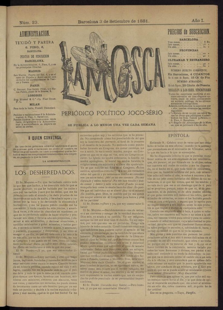 Miniatura de La Mosca : periódico joco-serio del 3 de septiembre de 1881, nº 23