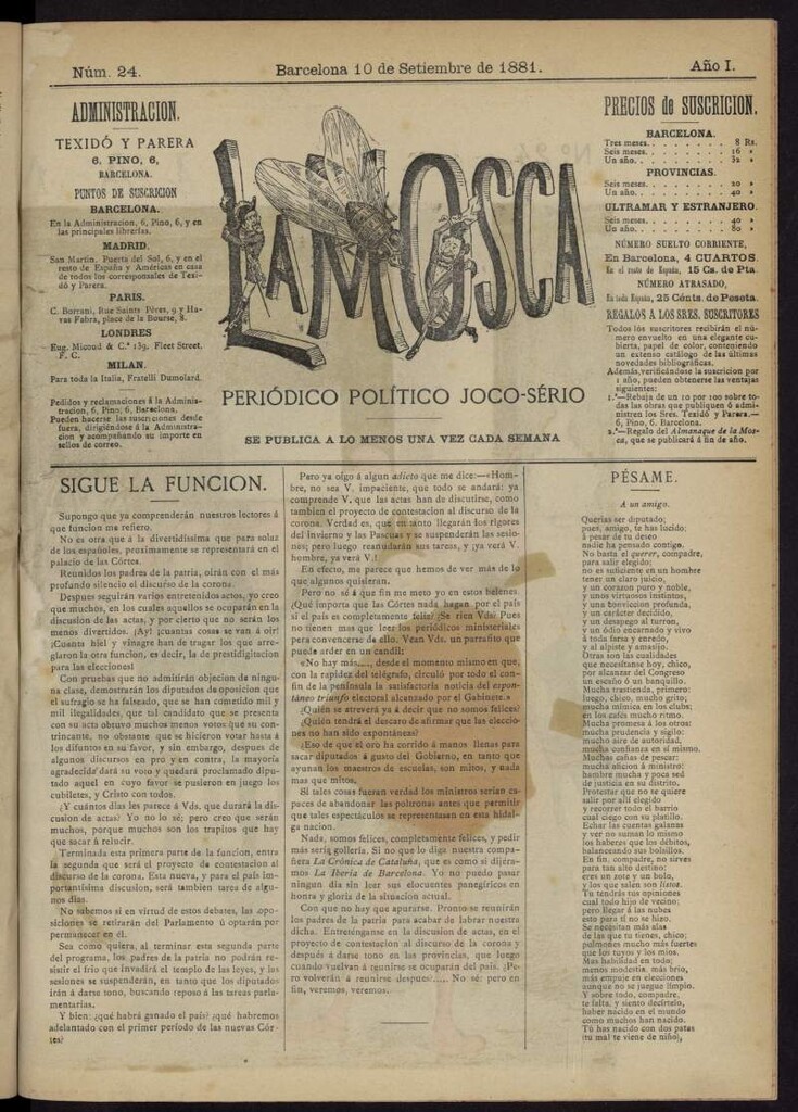 Miniatura de La Mosca : periódico joco-serio del 10 de septiembre de 1881, nº 24