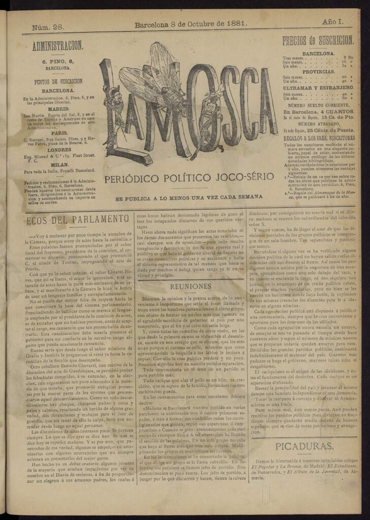 Miniatura de La Mosca : periódico joco-serio del 8 de octubre de 1881, nº 28