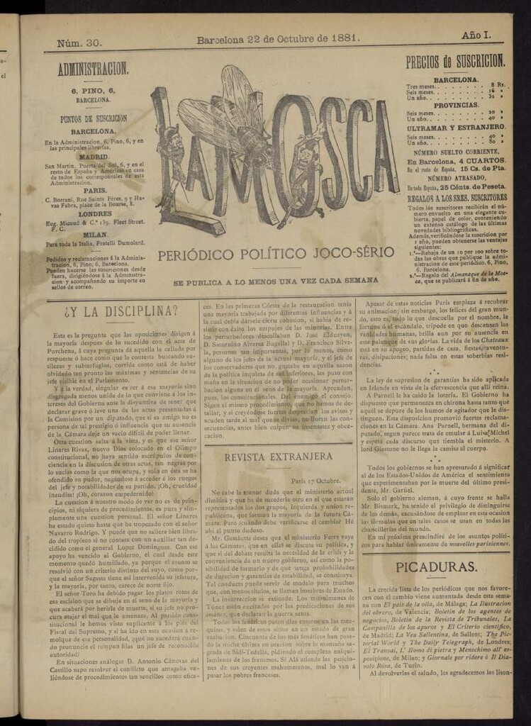 Miniatura de La Mosca : periódico joco-serio del 22 de octubre de 1881, nº 30