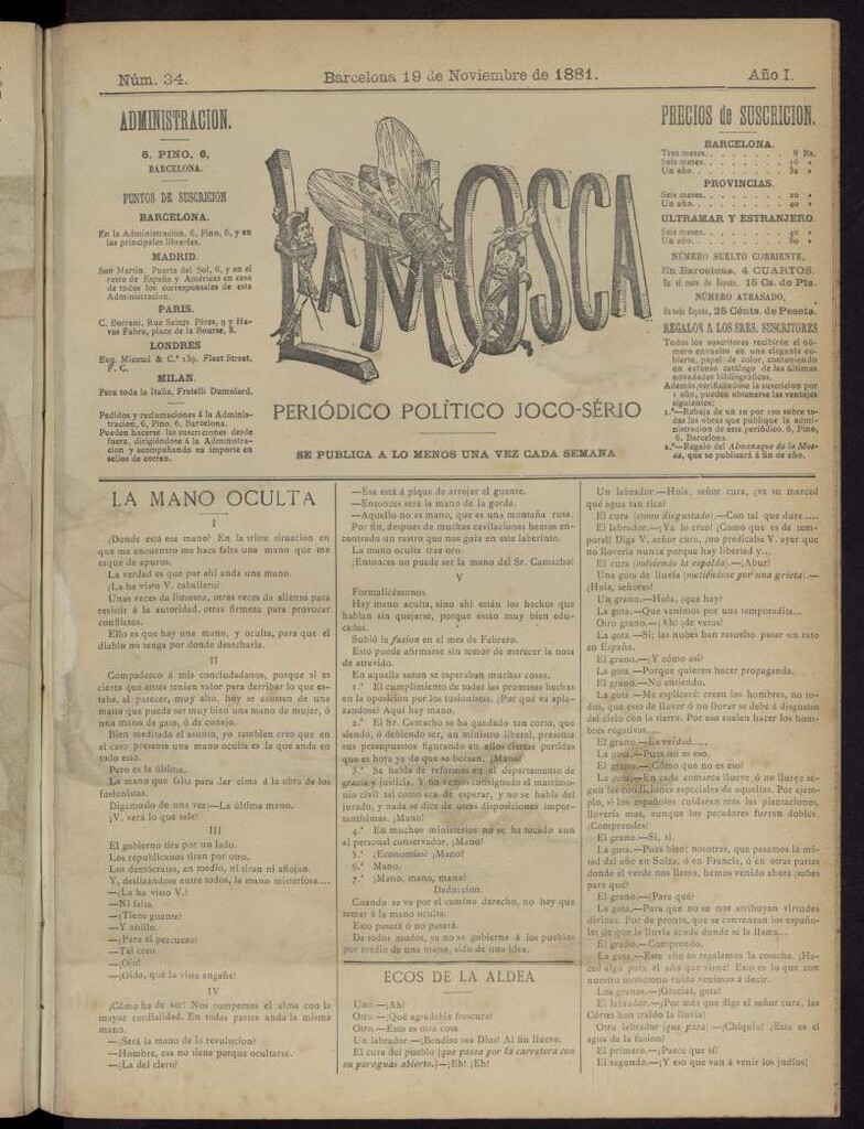 Miniatura de La Mosca : periódico joco-serio del 19 de noviembre de 1881, nº 34