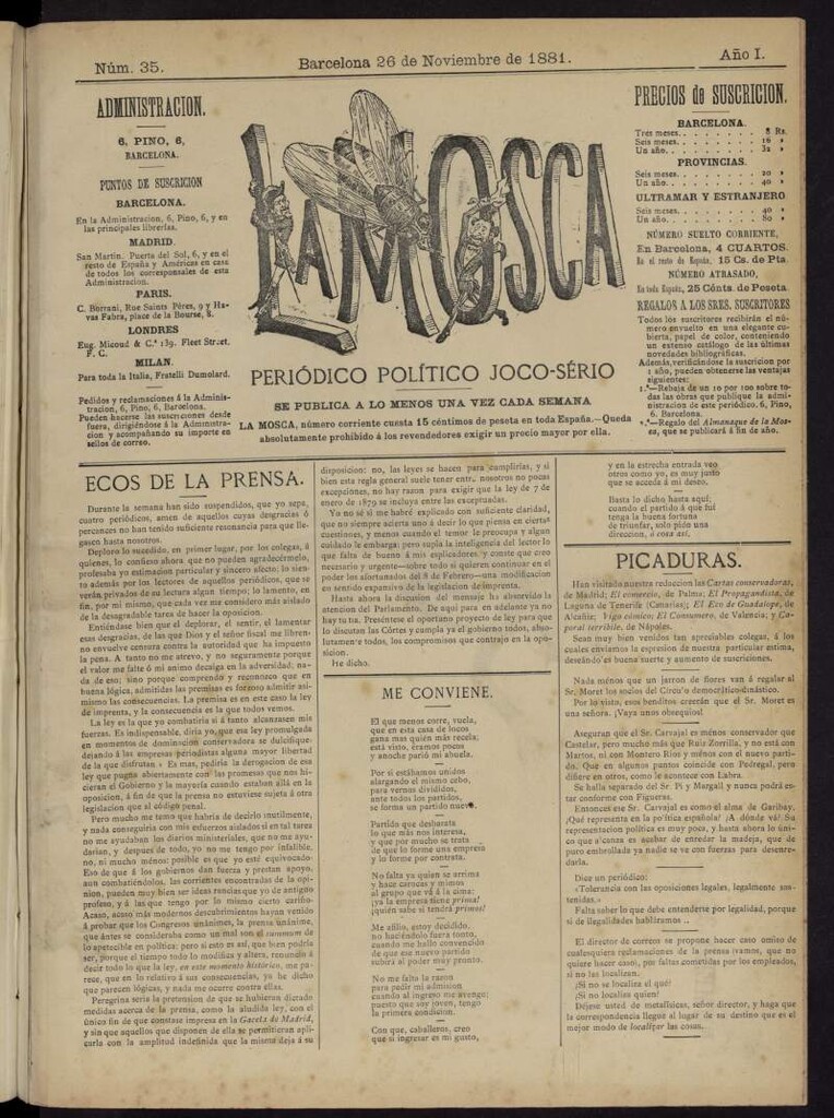 Miniatura de La Mosca : periódico joco-serio del 26 de noviembre de 1881, nº 35