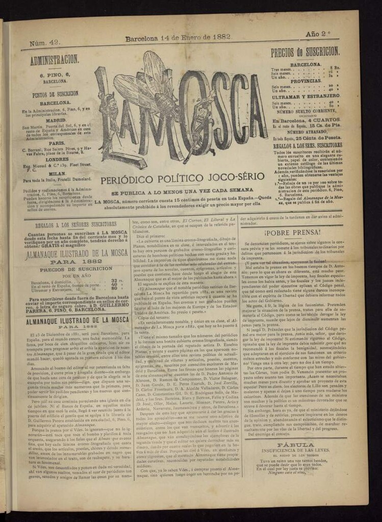 Miniatura de La Mosca : periódico joco-serio del 14 de enero de 1882, nº 42