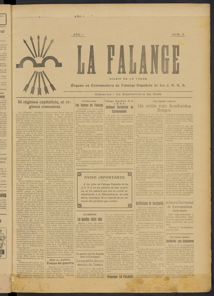 Miniatura de La Falange: Diario de la tarde del 1 de septiembre de 1936, nº 2