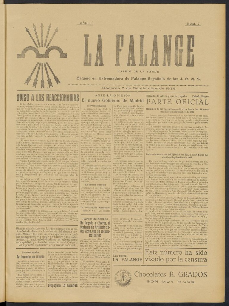 Miniatura de La Falange: Diario de la tarde del 7 de septiembre de 1936, nº 7