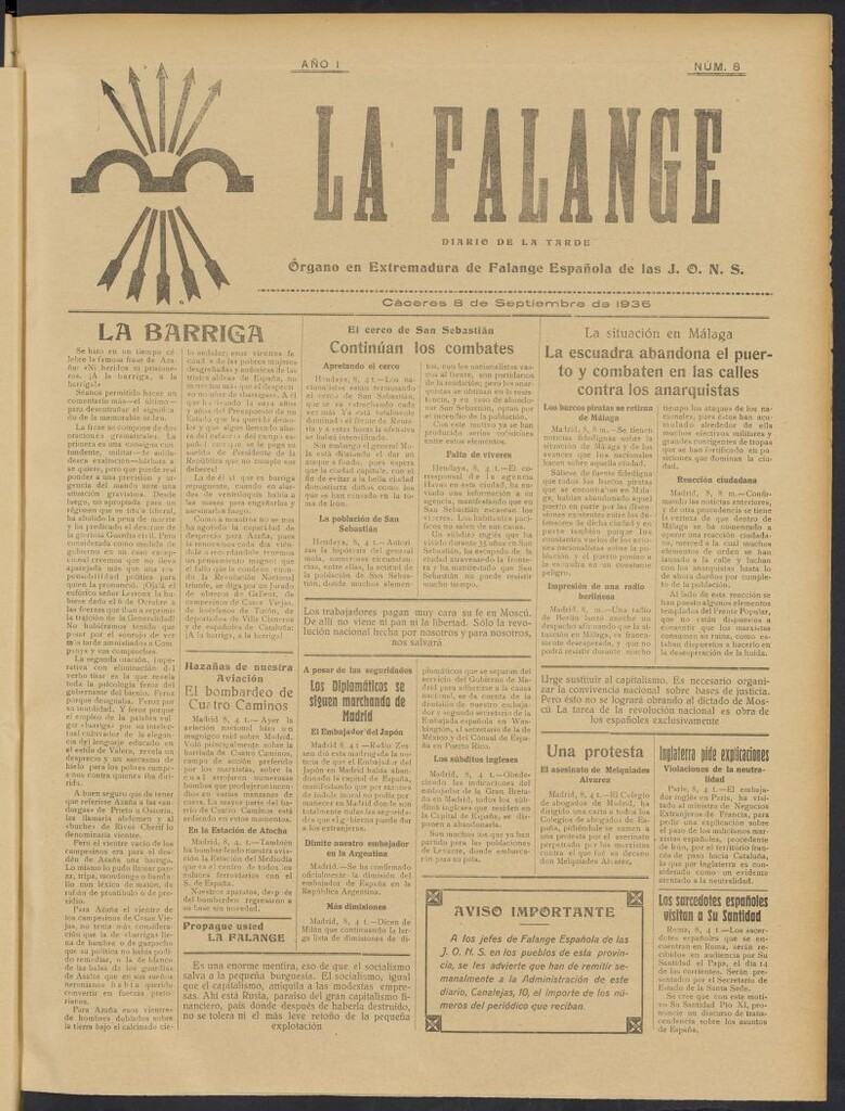 Miniatura de La Falange: Diario de la tarde del 8 de septiembre de 1936, nº 8