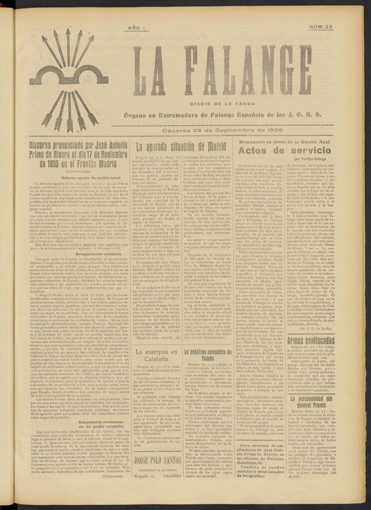 Miniatura de La Falange: Diario de la tarde del 25 de septiembre de 1936, nº 23
