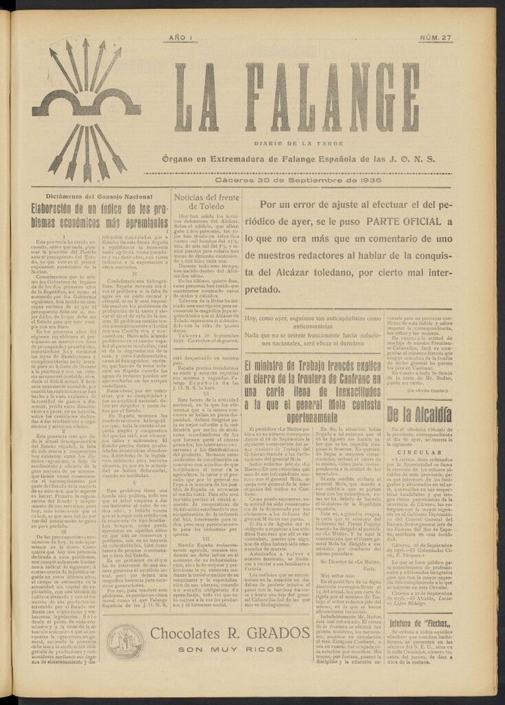 Miniatura de La Falange: Diario de la tarde del 30 de septiembre de 1936, nº 27