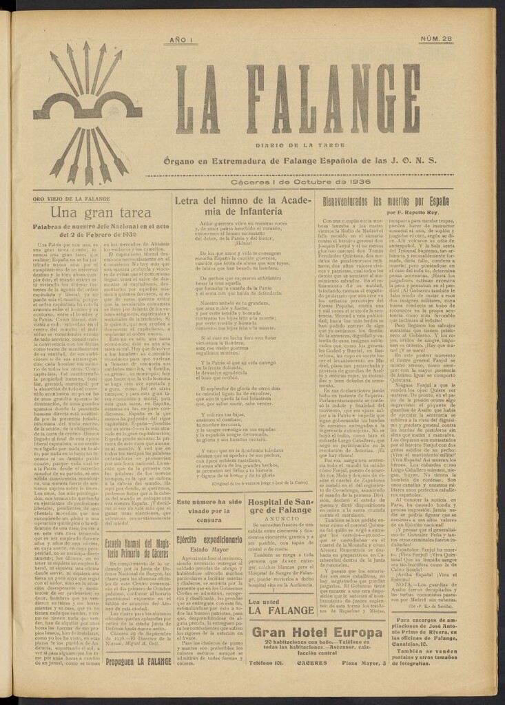Miniatura de La Falange: Diario de la tarde del 1 de octubre de 1936, nº 28