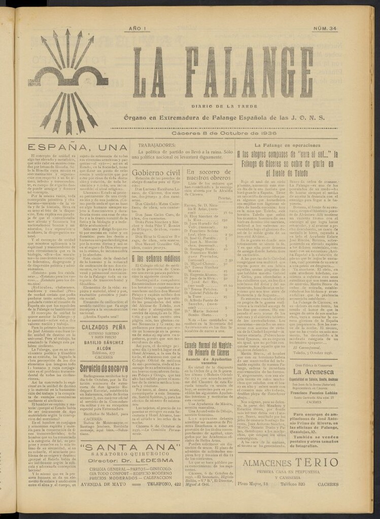 Miniatura de La Falange: Diario de la tarde del 8 de octubre de 1936, nº 34