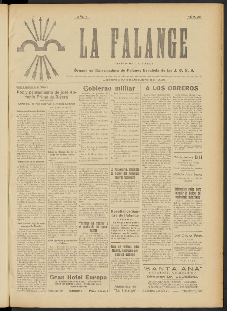 Miniatura de La Falange: Diario de la tarde del 10 de octubre de 1936, nº 36