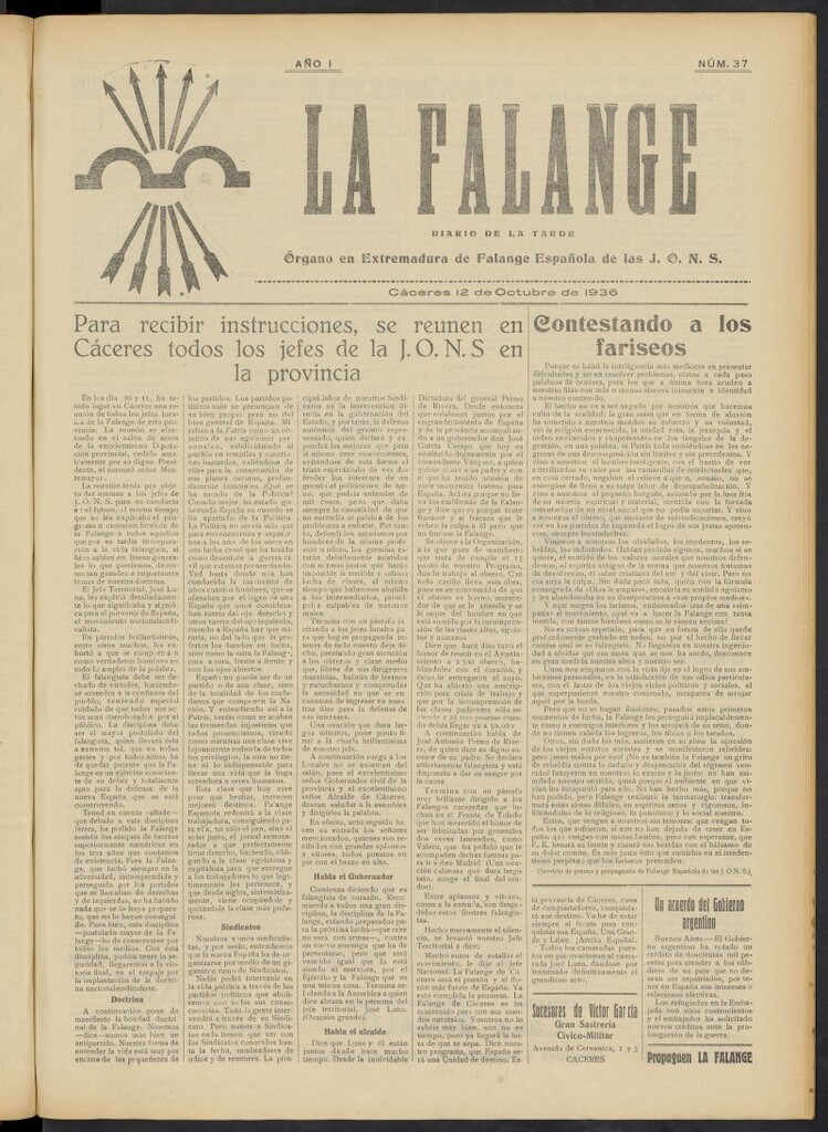 Miniatura de La Falange: Diario de la tarde del 12 de octubre de 1936, nº 37