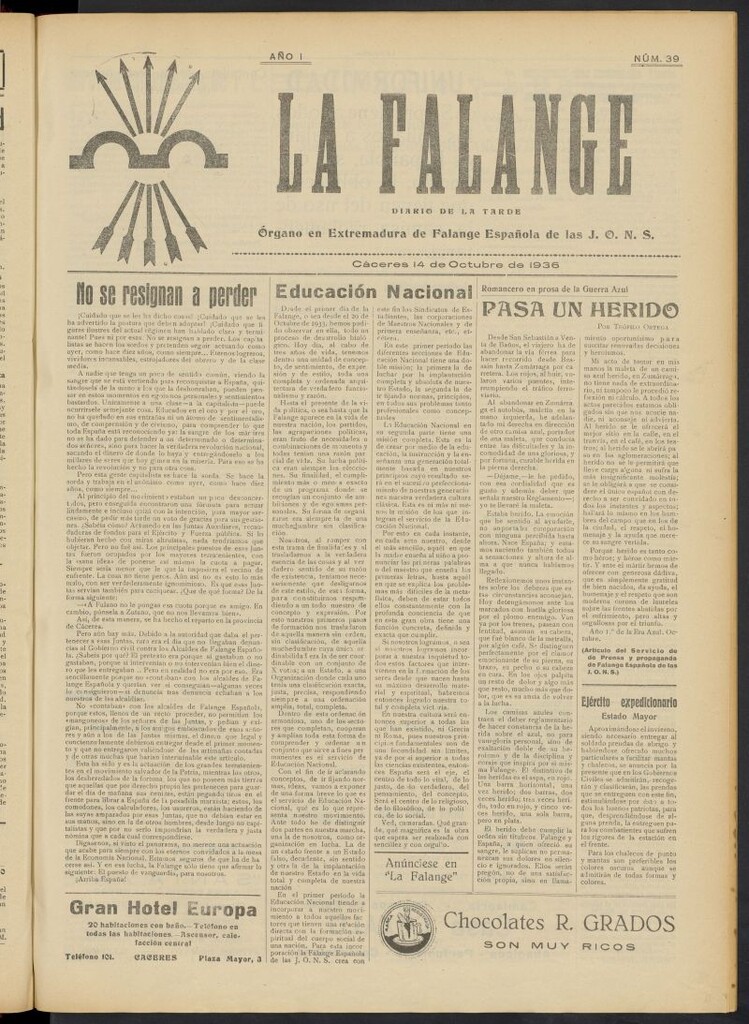 Miniatura de La Falange: Diario de la tarde del 14 de octubre de 1936, nº 39