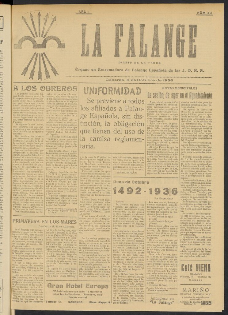 Miniatura de La Falange: Diario de la tarde del 15 de octubre de 1936, nº 40