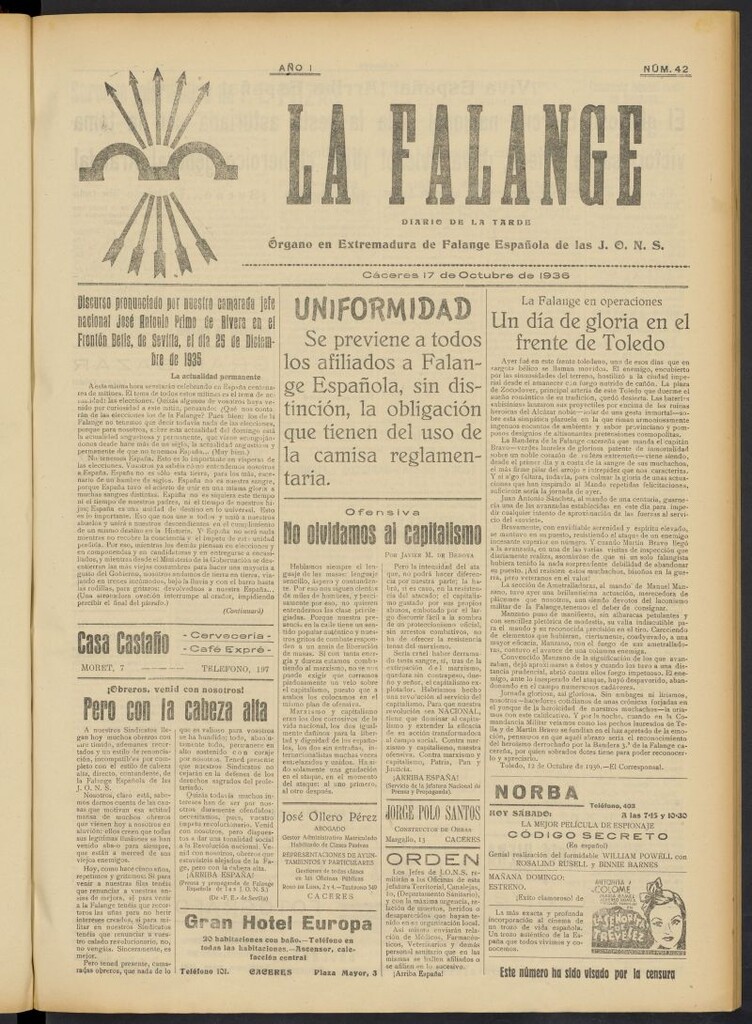 Miniatura de La Falange: Diario de la tarde del 17 de octubre de 1936, nº 42