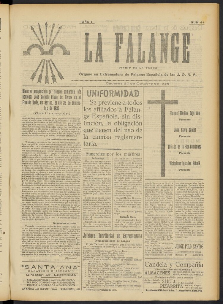 Miniatura de La Falange: Diario de la tarde del 20 de octubre de 1936, nº 44