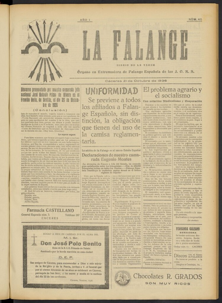 Miniatura de La Falange: Diario de la tarde del 21 de octubre de 1936, nº 45