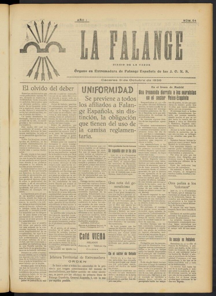 Miniatura de La Falange: Diario de la tarde del 31 de octubre de 1936, nº 54