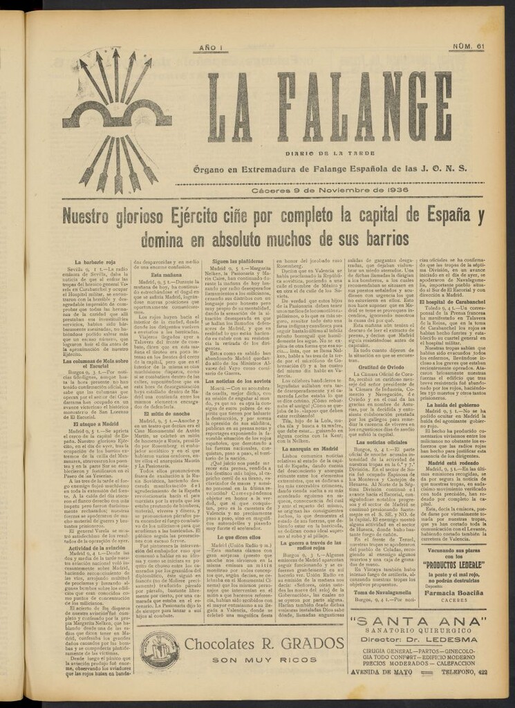 Miniatura de La Falange: Diario de la tarde del 9 de noviembre de 1936, nº 61