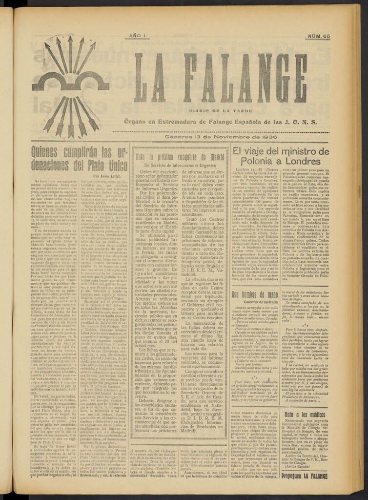 Miniatura de La Falange: Diario de la tarde del 13 de noviembre de 1936, nº 65