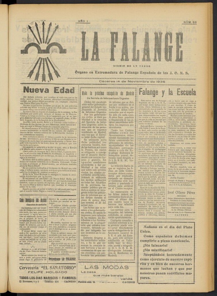 Miniatura de La Falange: Diario de la tarde del 14 de noviembre de 1936, nº 66
