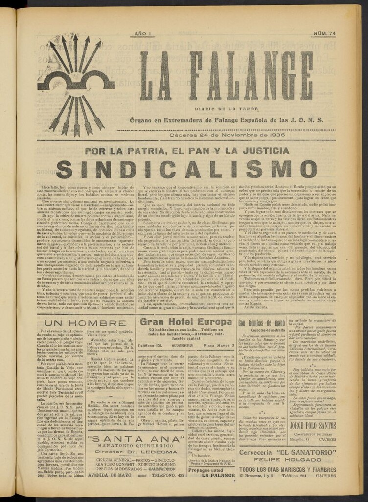 Miniatura de La Falange: Diario de la tarde del 24 de noviembre de 1936, nº 74
