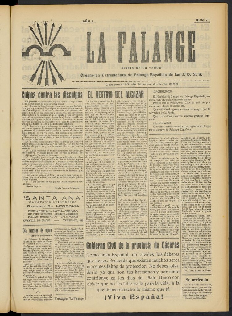 Miniatura de La Falange: Diario de la tarde del 27 de noviembre de 1936, nº 77