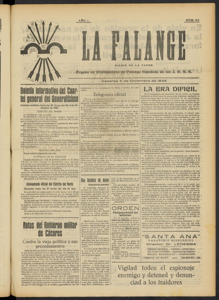 Miniatura de La Falange: Diario de la tarde del 5 de diciembre de 1936, nº 84