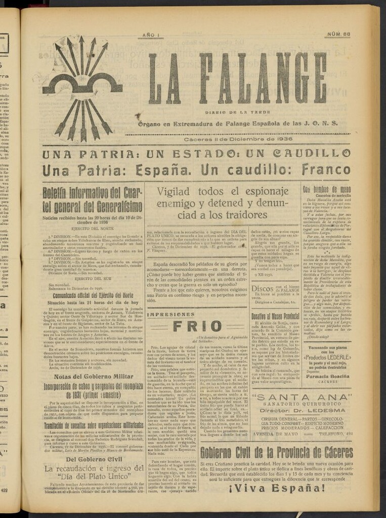 Miniatura de La Falange: Diario de la tarde del 11 de diciembre de 1936, nº 88