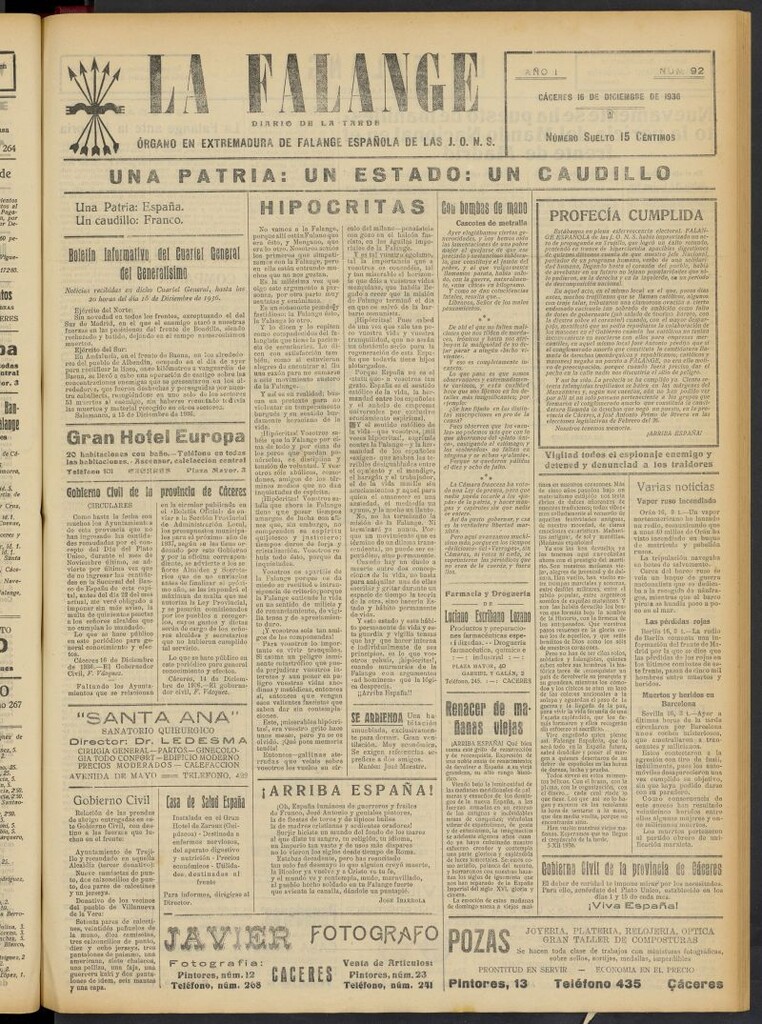 Miniatura de La Falange: Diario de la tarde del 16 de diciembre de 1936, nº 92