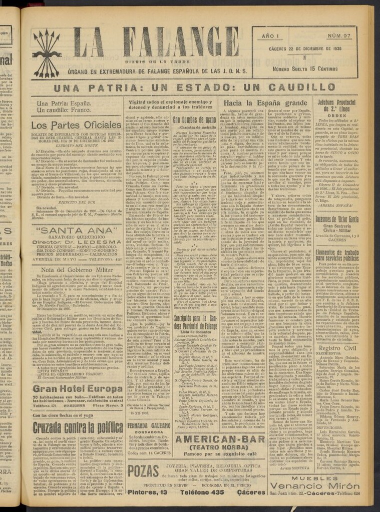 Miniatura de La Falange: Diario de la tarde del 22 de diciembre de 1936, nº 97
