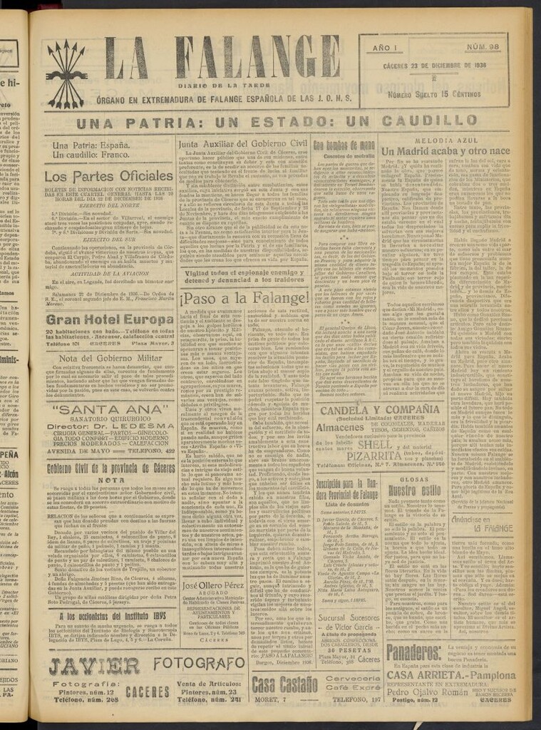 Miniatura de La Falange: Diario de la tarde del 23 de diciembre de 1936, nº 98