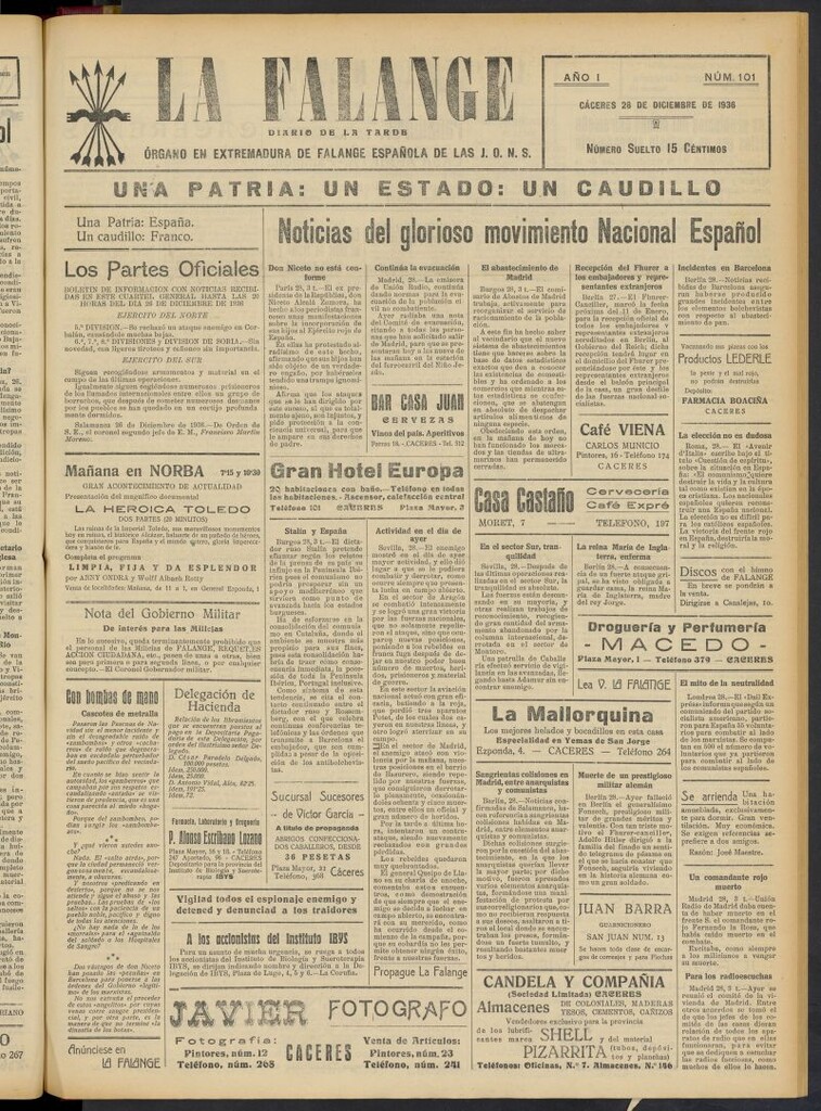 Miniatura de La Falange: Diario de la tarde del 28 de diciembre de 1936, nº 101