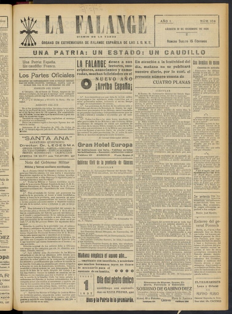 Miniatura de La Falange: Diario de la tarde del 31 de diciembre de 1936, nº 104