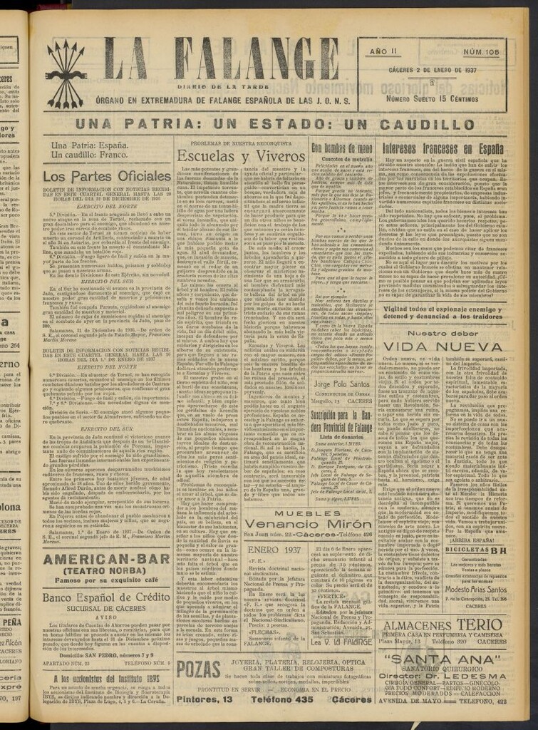 Miniatura de La Falange: Diario de la tarde del 2 de enero de 1937, nº 105