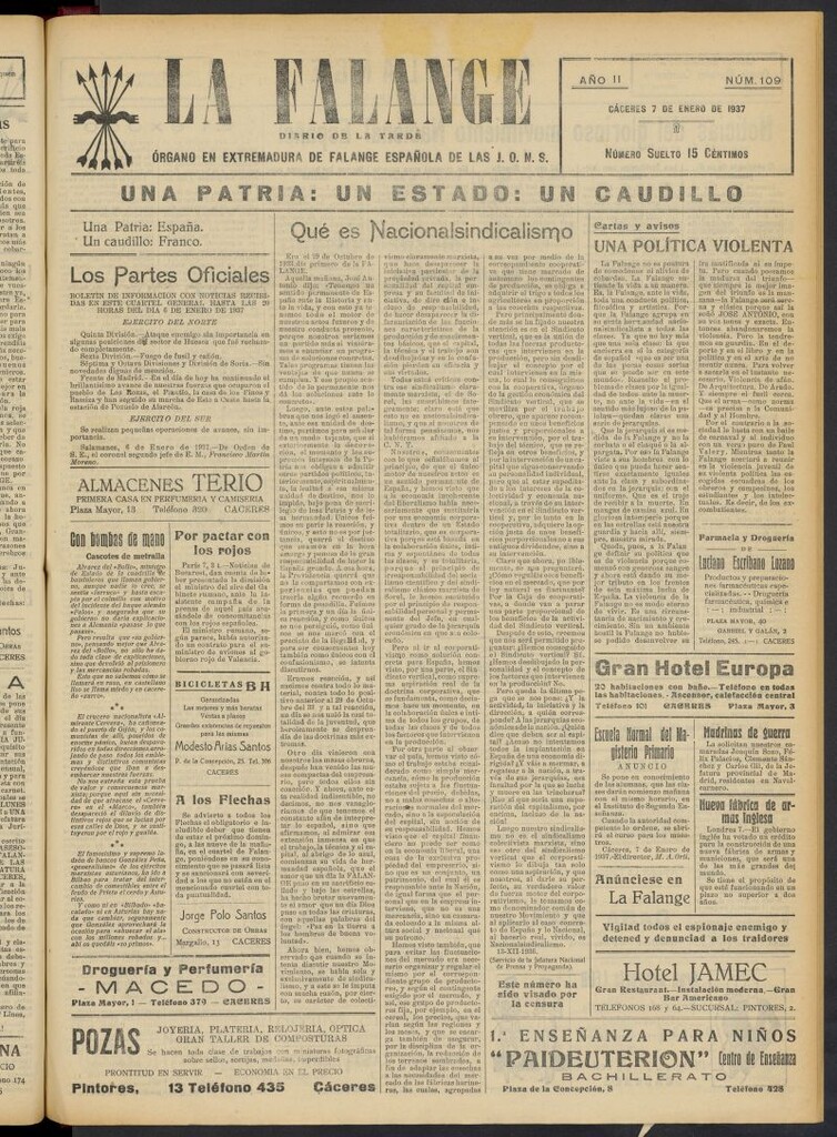 Miniatura de La Falange: Diario de la tarde del 7 de enero de 1937, nº 109