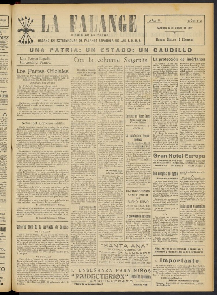 Miniatura de La Falange: Diario de la tarde del 12 de enero de 1937, nº 113
