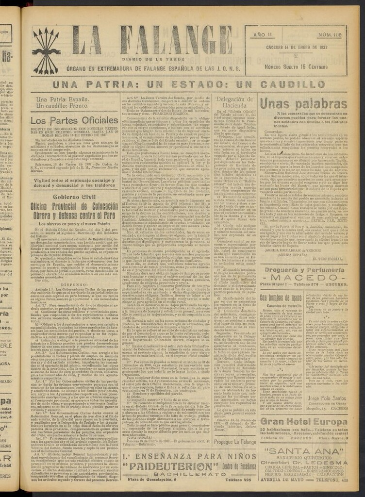 Miniatura de La Falange: Diario de la tarde del 14 de enero de 1937, nº 115