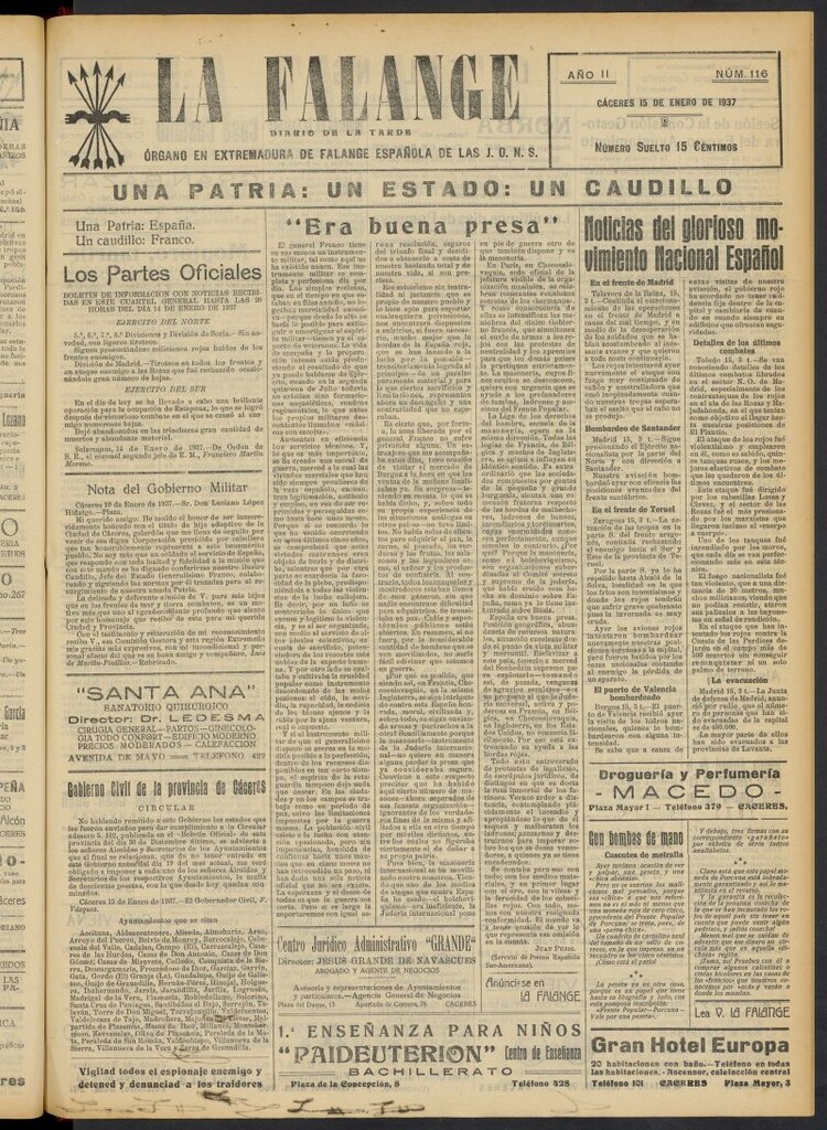 Miniatura de La Falange: Diario de la tarde del 15 de enero de 1937, nº 116