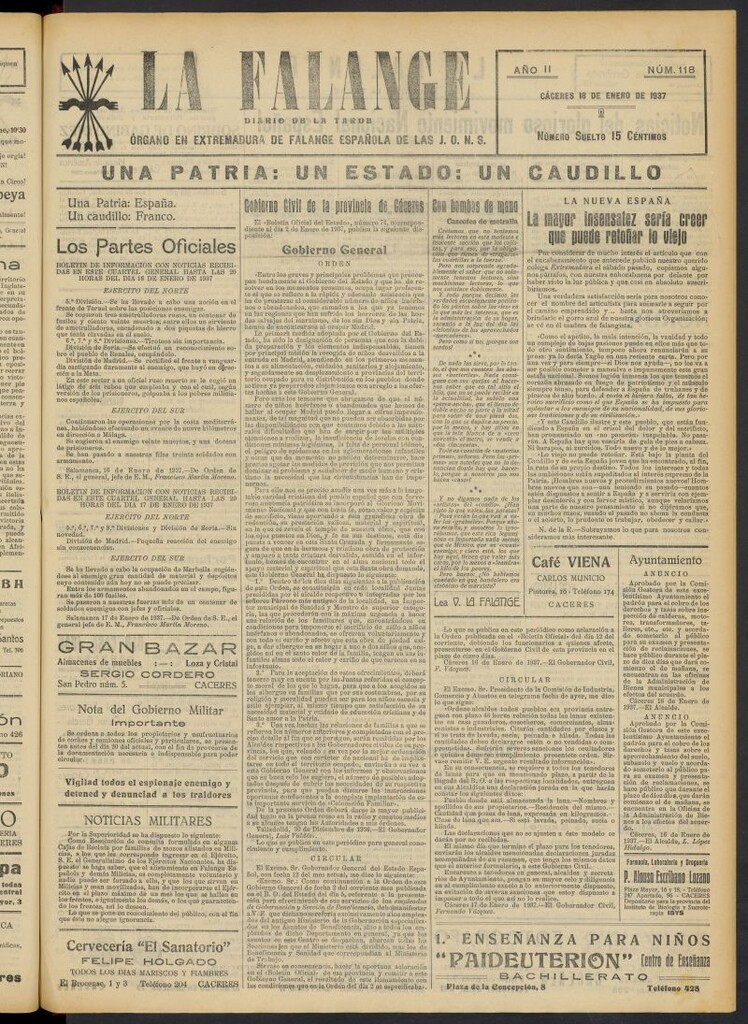 Miniatura de La Falange: Diario de la tarde del 18 de enero de 1937, nº 118
