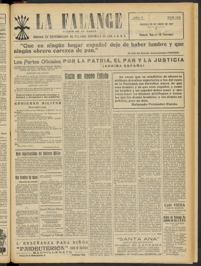 Miniatura de La Falange: Diario de la tarde del 29 de enero de 1937, nº 128
