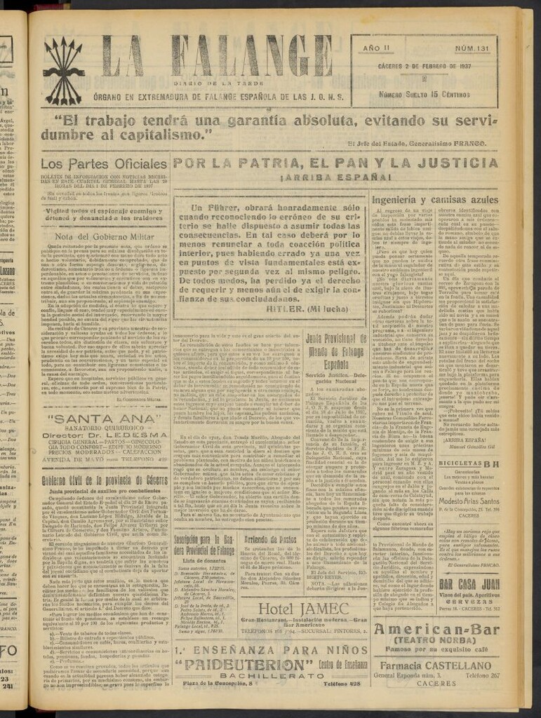 Miniatura de La Falange: Diario de la tarde del 2 de febrero de 1937, nº 131
