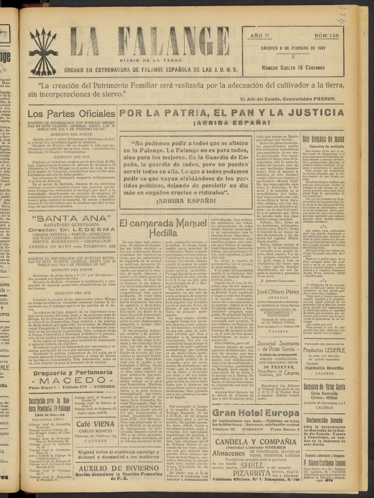 Miniatura de La Falange: Diario de la tarde del 8 de febrero de 1937, nº 136