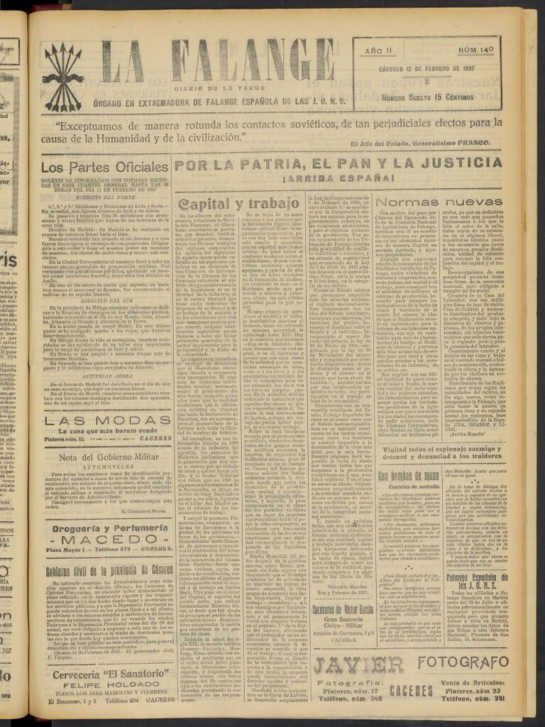 Miniatura de La Falange: Diario de la tarde del 12 de febrero de 1937, nº 140