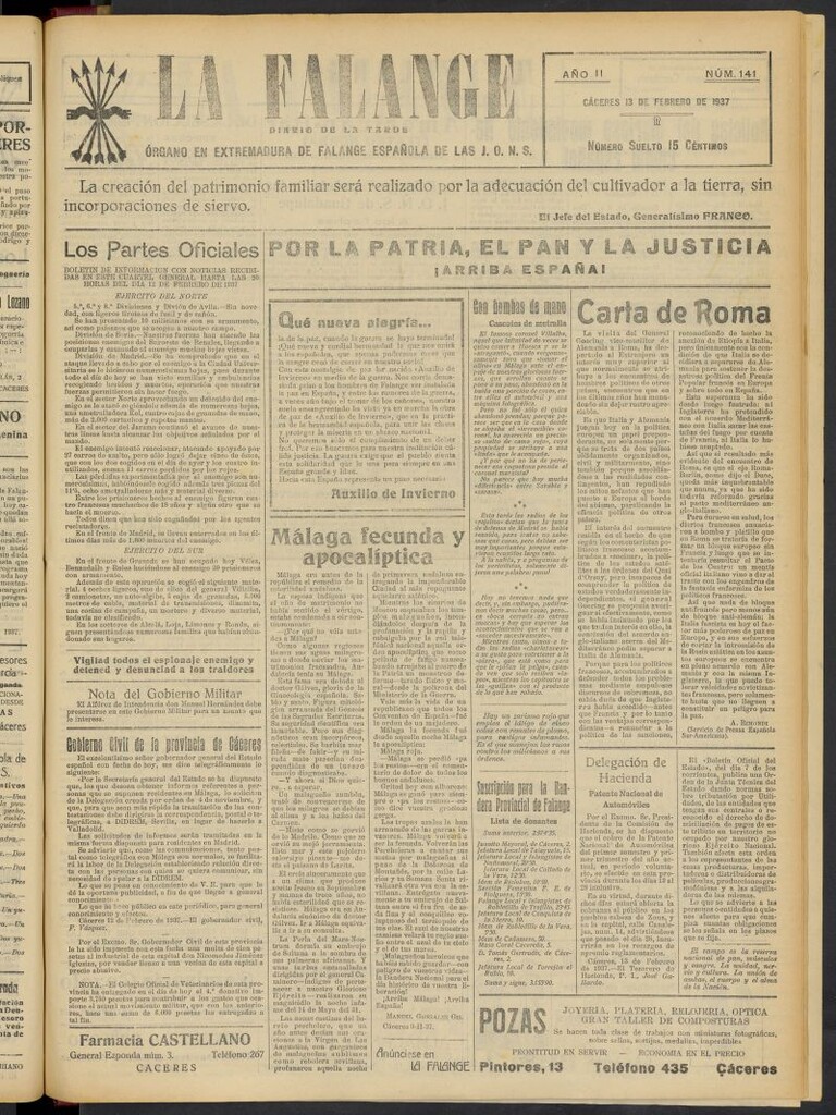 Miniatura de La Falange: Diario de la tarde del 13 de febrero de 1937, nº 141