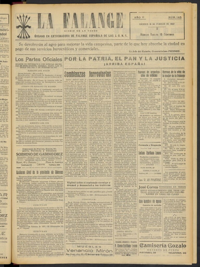Miniatura de La Falange: Diario de la tarde del 18 de febrero de 1937, nº 145