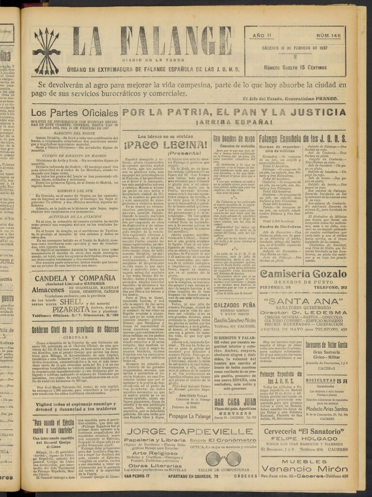 Miniatura de La Falange: Diario de la tarde del 19 de febrero de 1937, nº 146